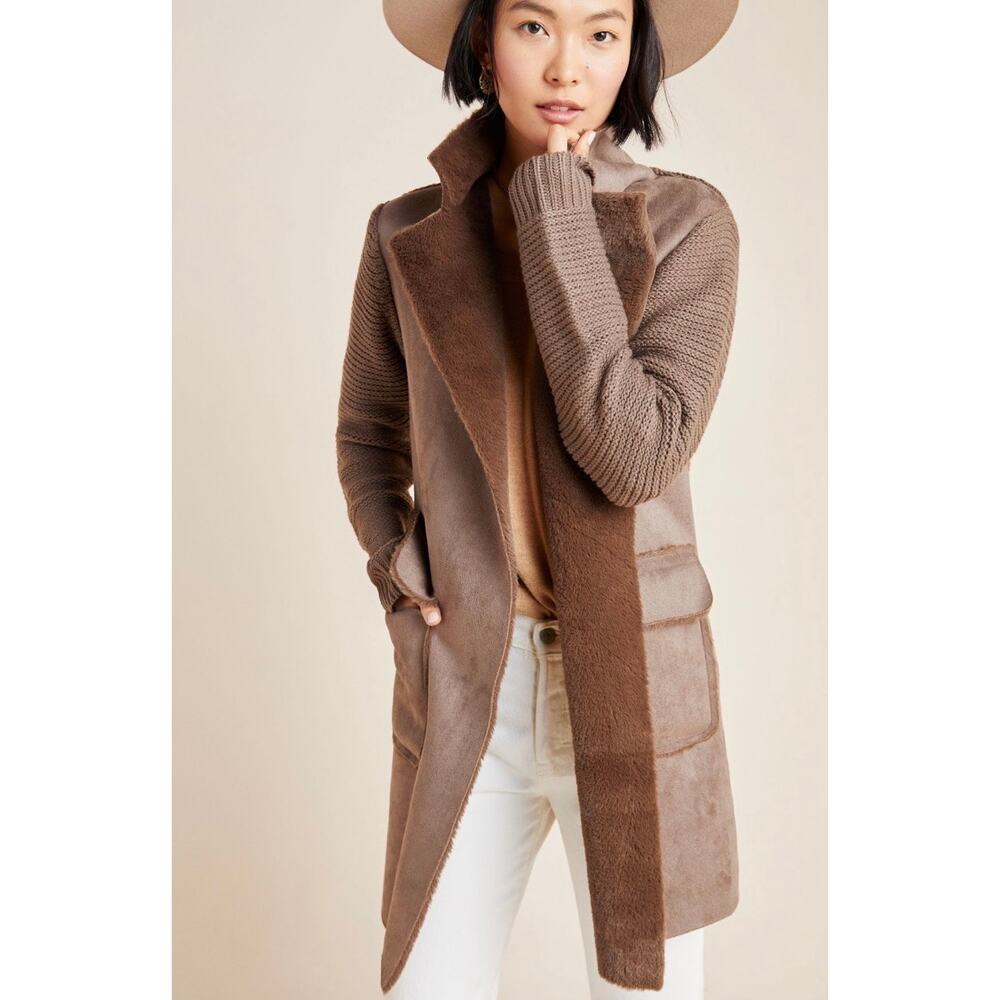 Anthropologie Taupe Cozy Faux Fur Shearling Sweater Knit Long Piper Coat MEDIUM